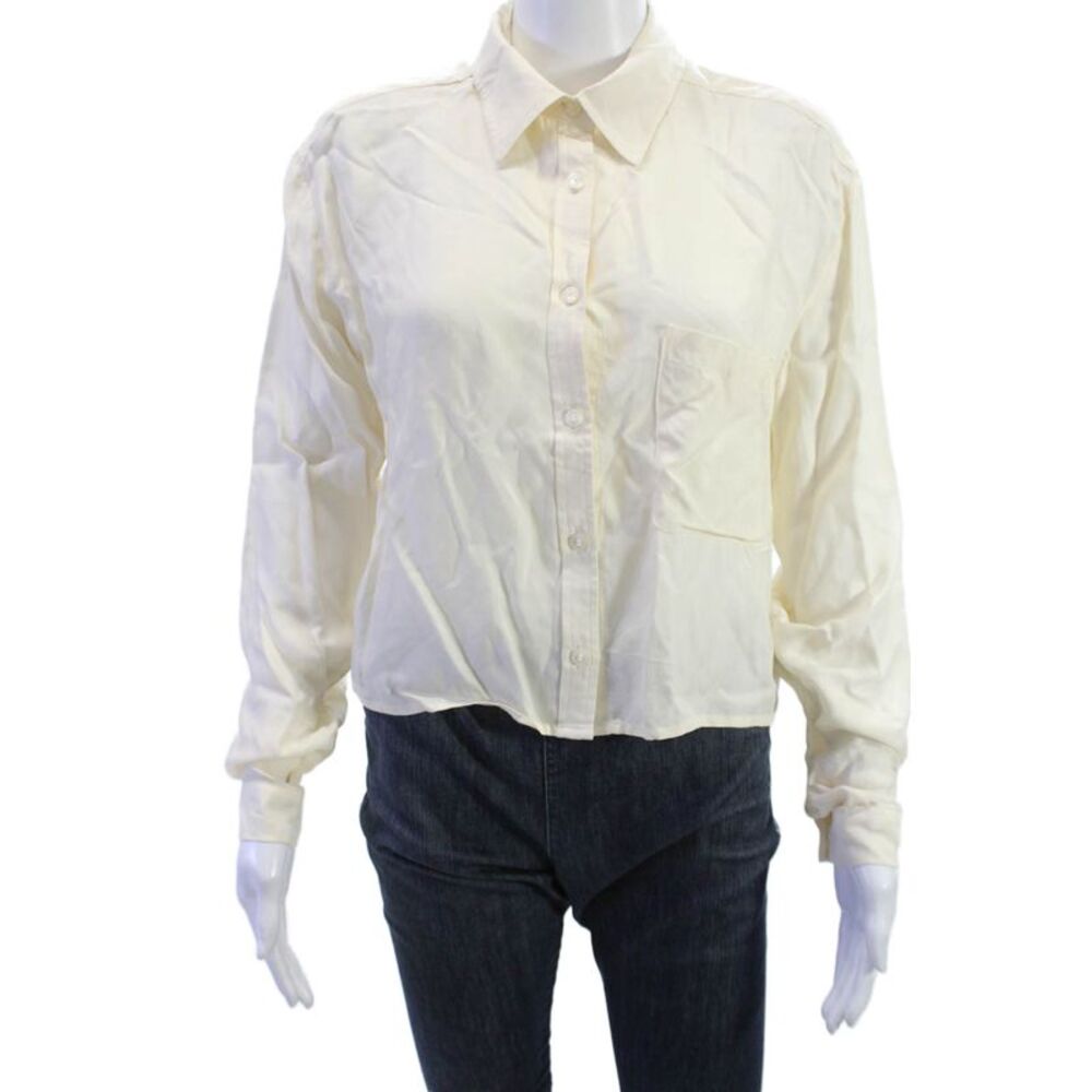 Sen Womens Cropped Button-Up Blouse Beige Collared Long Sleeve Size S